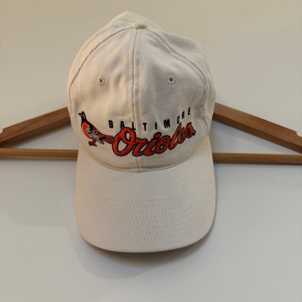 VTG 90s Twins Enterprise Baltimore Orioles Script Hat Off White Retro MLB Cap